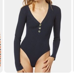 Favorite Daughter Navy Long Sleeve Bodysuit with Button Detail